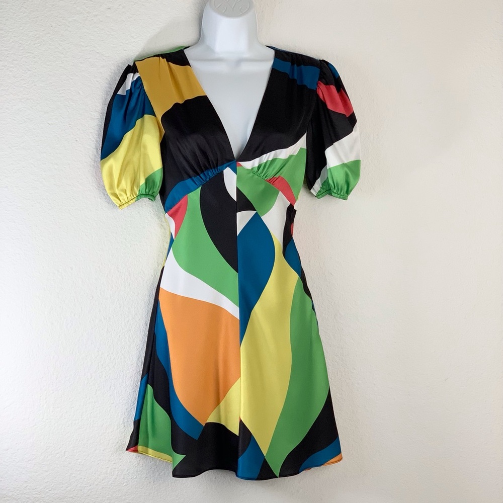 STAUD Milla Multicolor Color Block V-Neck Mini Dress Sz 2